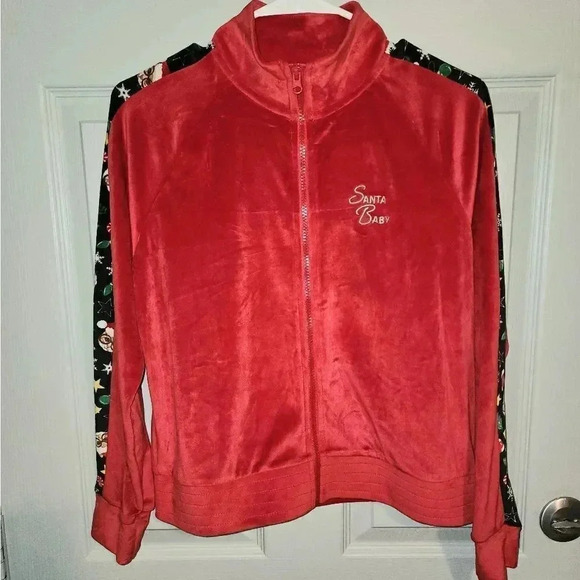 NWOT Santa Baby Christmas Cats Velour w/ Sequins Zip-up Track Jacket Junior's L - Picture 5 of 11